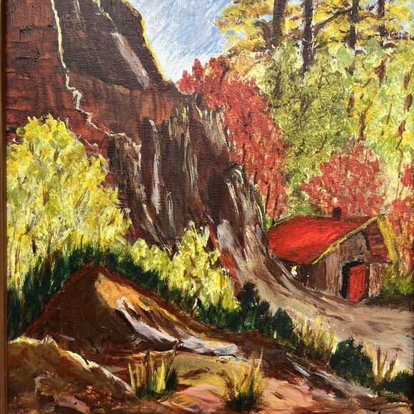 Hand Painted Oil Painting Framed Forest Autumn Fall Landscape Hut Signed 17x13" - Picture 2 of 14